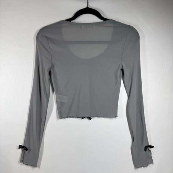 Sugar Moon Gray Black Bow Mesh Tee Lettuce Hem XS Coquette Y2K Whimsigoth - Picture 2 of 6